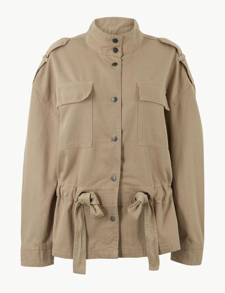 Marks & Spencer Button Detailed Utility Bomber Jacket Light Buff