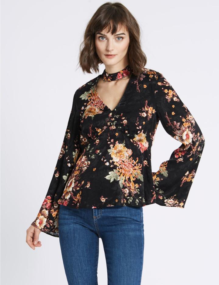 Marks & Spencer Printed Choker Neck Long Sleeve Blouse Black Mix