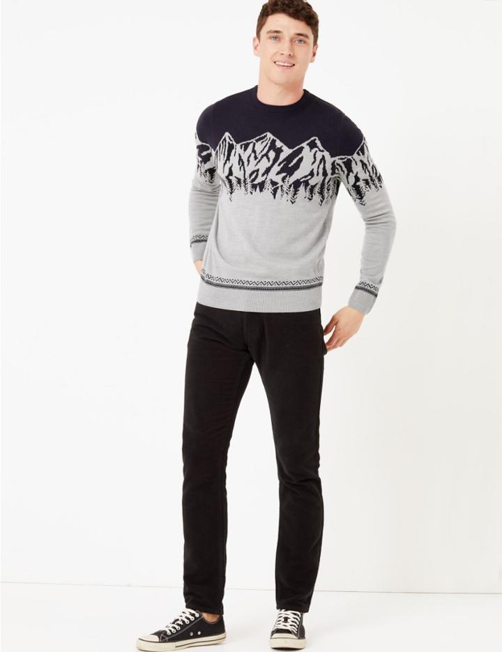 Marks & Spencer Mountain Scene Design Crew Neck Jumper Grey Mix