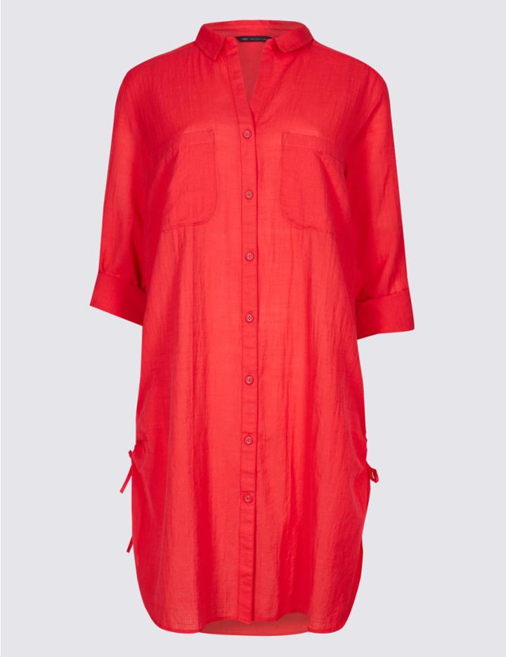 Marks & Spencer Pure Cotton 3/4 Sleeve Shirt Dress Flame