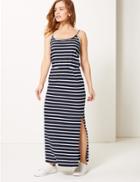 Marks & Spencer Petite Pure Cotton Striped Waisted Maxi Dress Navy Mix