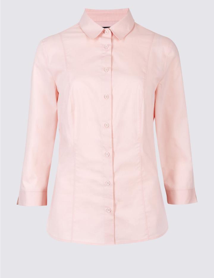 Marks & Spencer Cotton Rich 3/4 Sleeve Fuller Bust Shirt Pale Pink