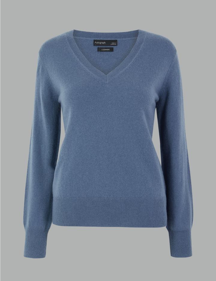 Marks & Spencer Pure Cashmere V-neck Jumper Slate Blue