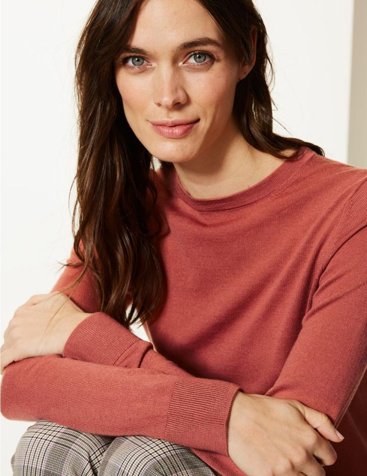 Marks & Spencer Pure Merino Wool Round Neck Jumper Terracotta