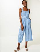 Marks & Spencer Pure Linen Striped Jumpsuit Chambray Mix