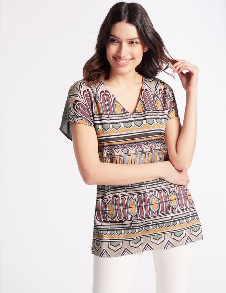 Marks & Spencer Geometric Print V-neck Short Sleeve Tunic Ivory Mix