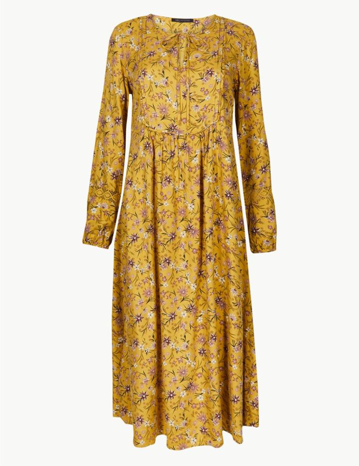 Marks & Spencer Floral Print Round Neck Relaxed Dress Yellow Mix