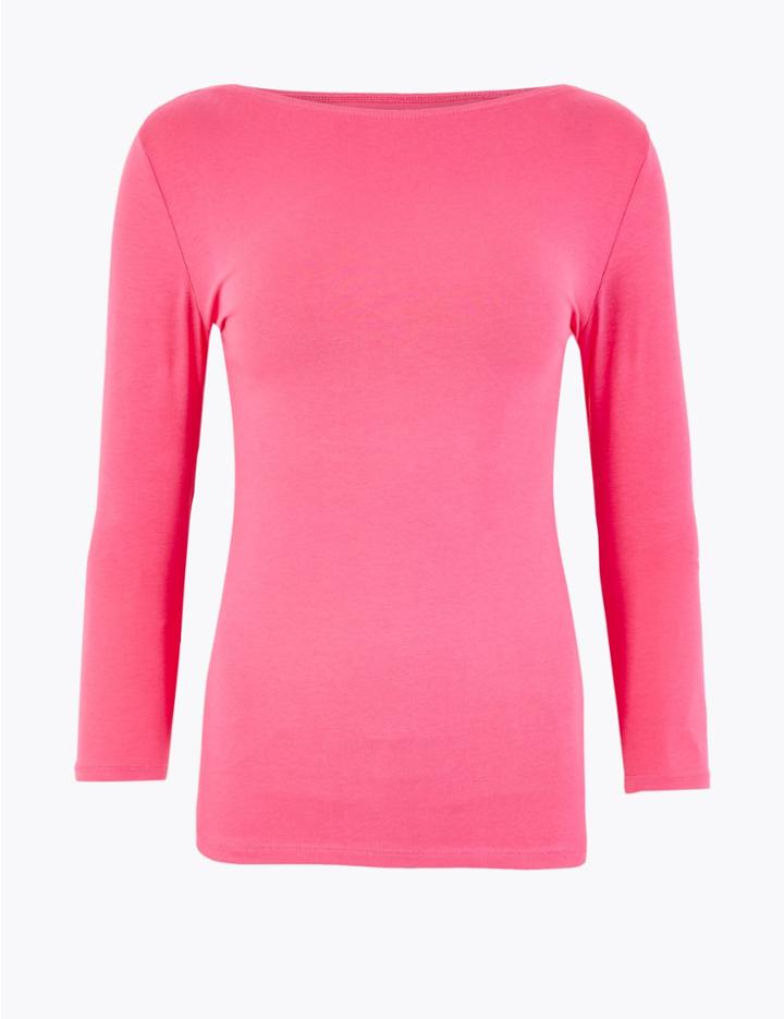 Marks & Spencer Cotton Rich Slash Neck Fitted T-shirt Very Pink