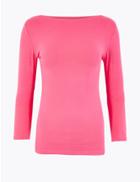 Marks & Spencer Cotton Rich Slash Neck Fitted T-shirt Very Pink