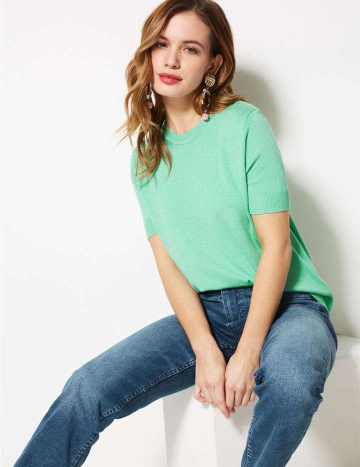 Marks & Spencer Petite Round Neck Short Sleeve Jumper Fresh Green
