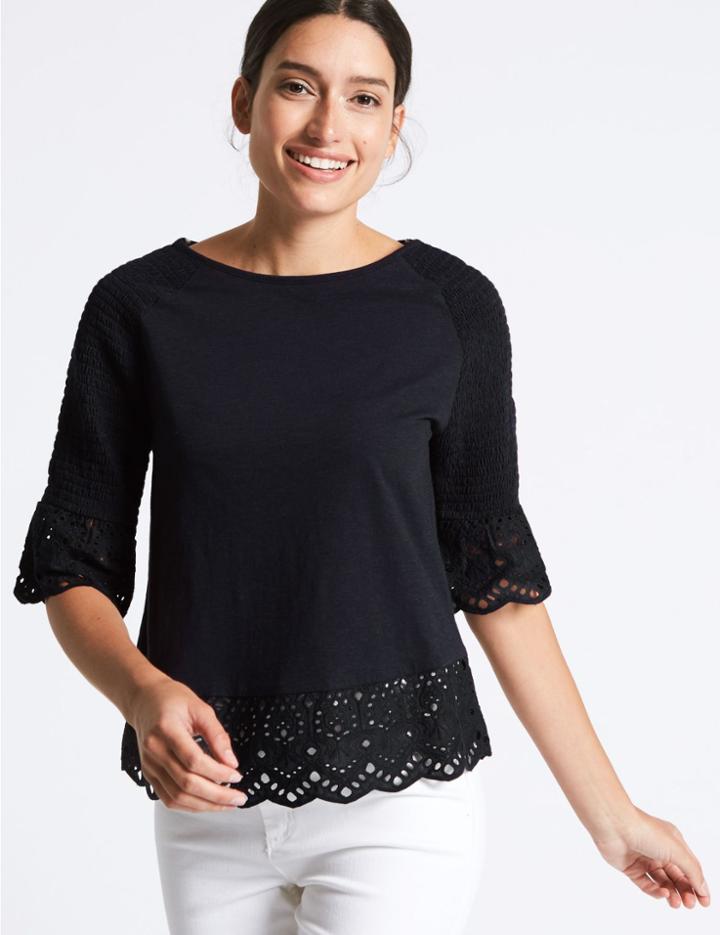 Marks & Spencer Pure Cotton Broderie Peplum T-shirt Navy