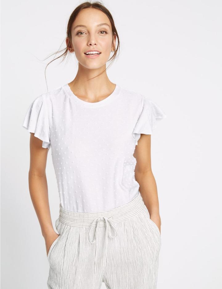 Marks & Spencer Spotty Frill Short Sleeve T-shirt Ivory