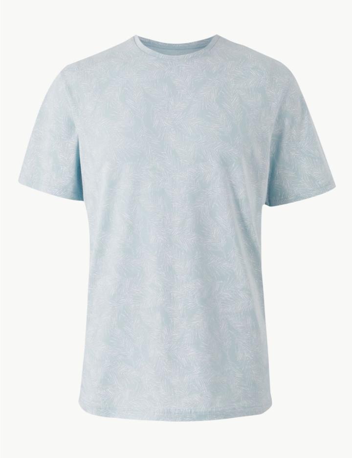 Marks & Spencer Pure Cotton Leaf Print T-shirt Pale Blue Mix