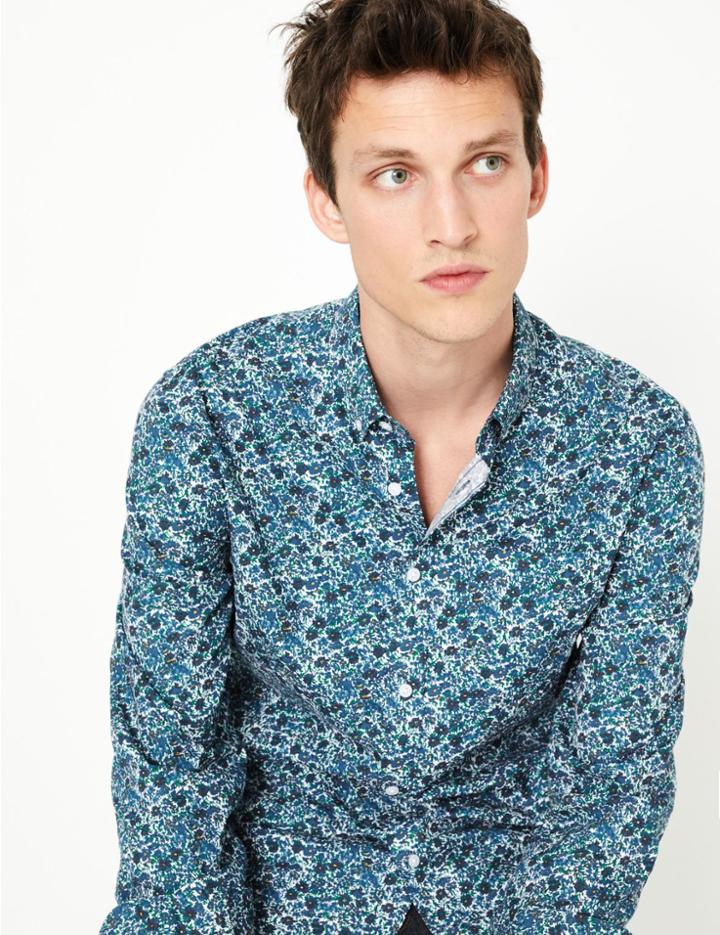 Marks & Spencer Pure Cotton Floral Shirt Blue Mix