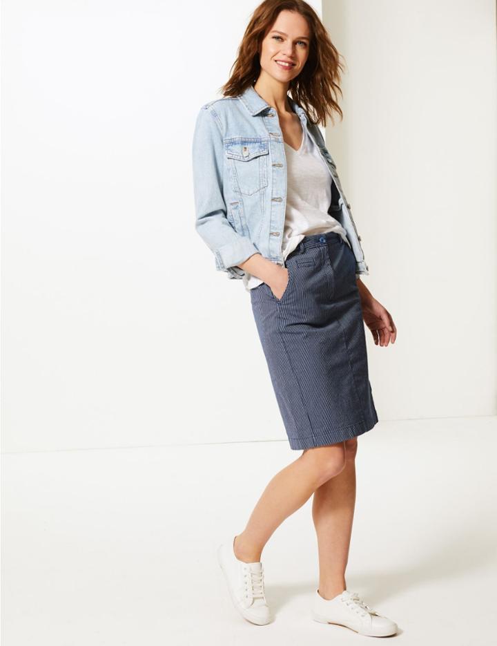 Marks & Spencer Striped A-line Skirt Navy Mix
