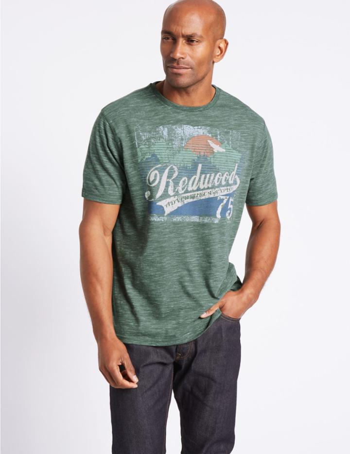 Marks & Spencer Cotton Blend Printed Crew Neck T-shirt Dusty Green