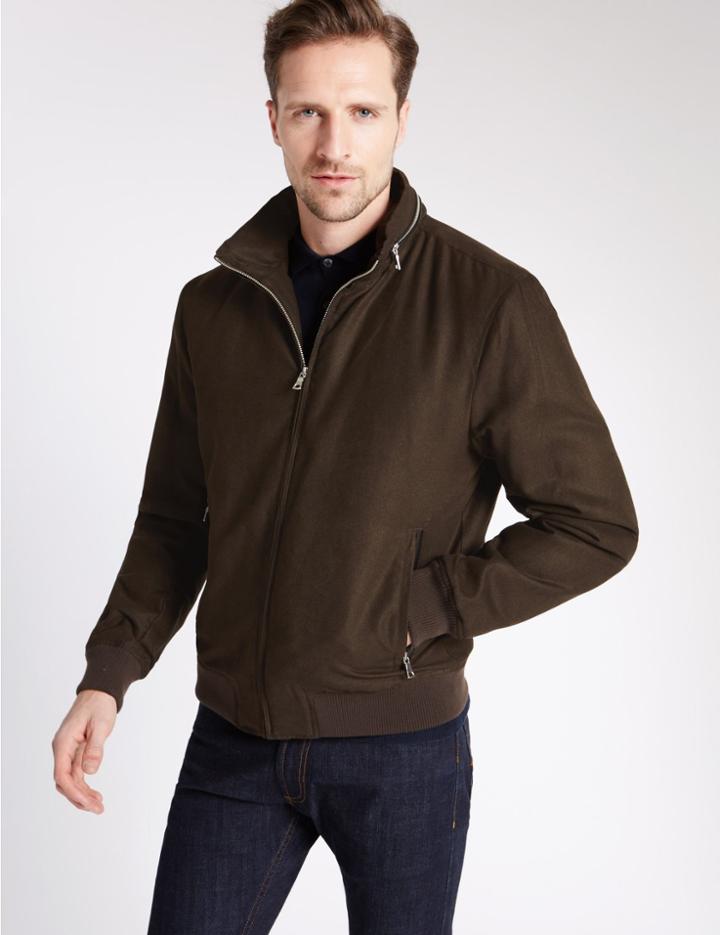 Marks & Spencer Wadded Bomber Jacket With Concealed Hood Chocolate