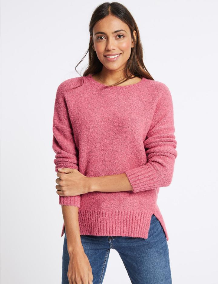 Marks & Spencer Textured Split Hem Round Neck Jumper Light Raspberry