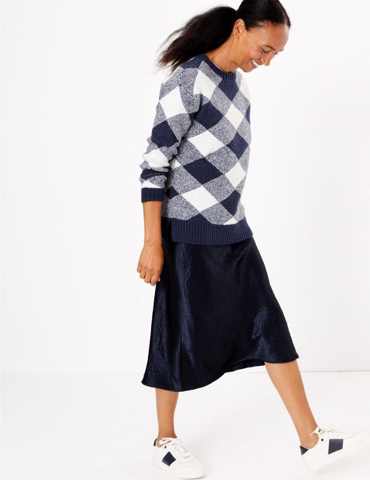 Marks & Spencer Checked Relaxed Fit Jumper Navy Mix