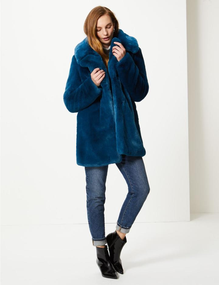 Marks & Spencer Single Breasted Faux Fur Jacket Dark Marine
