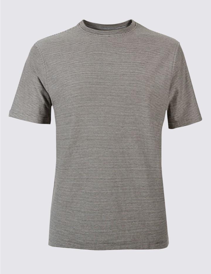 Marks & Spencer Pure Cotton Striped Crew Neck T-shirt Dark Khaki