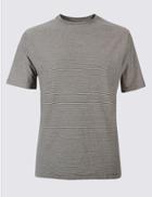 Marks & Spencer Pure Cotton Striped Crew Neck T-shirt Dark Khaki