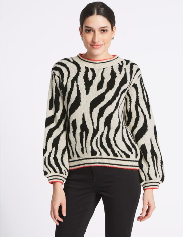 Marks & Spencer Jacquard Print Round Neck Jumper Black Mix