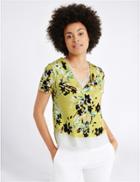 Marks & Spencer Floral Print V-neck Short Sleeve T-shirt Green Mix