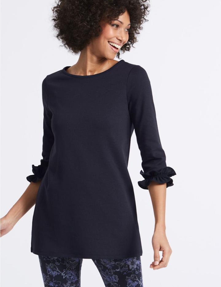 Marks & Spencer Cotton Rich Ruffle Cuff 3/4 Sleeve Tunic Navy