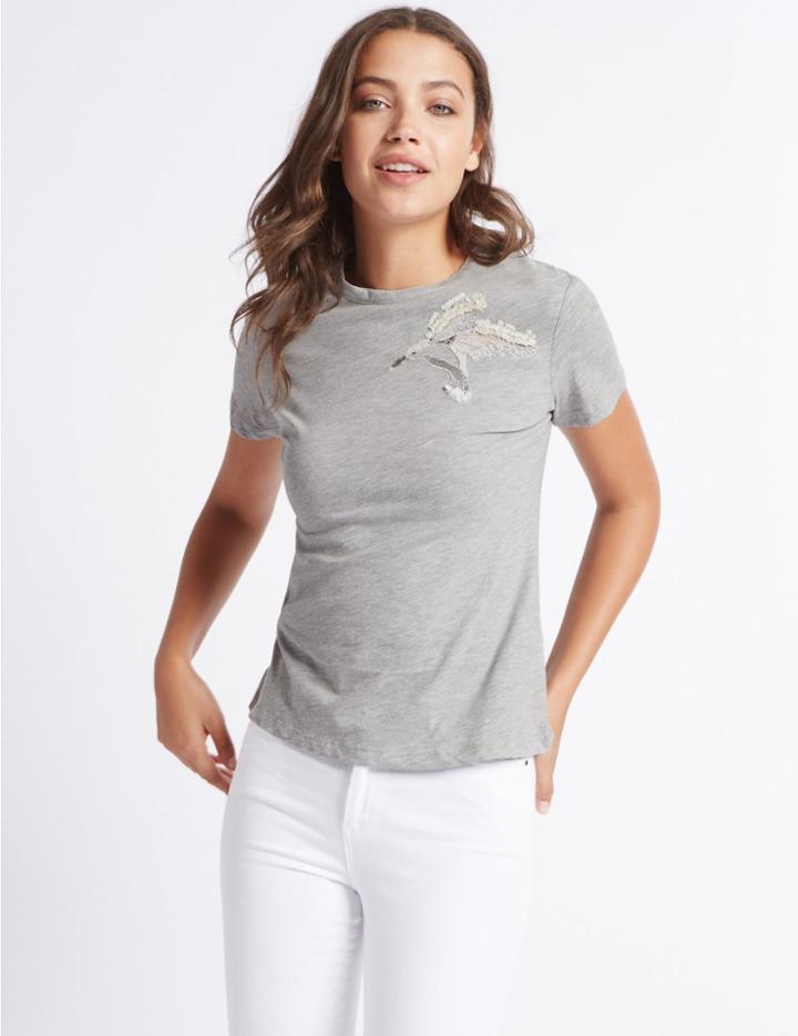 Marks & Spencer Cotton Rich Sequin Wings T-shirt Grey Mix