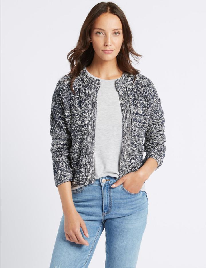 Marks & Spencer Cotton Rich Textured Trophy Cardigan Navy Mix