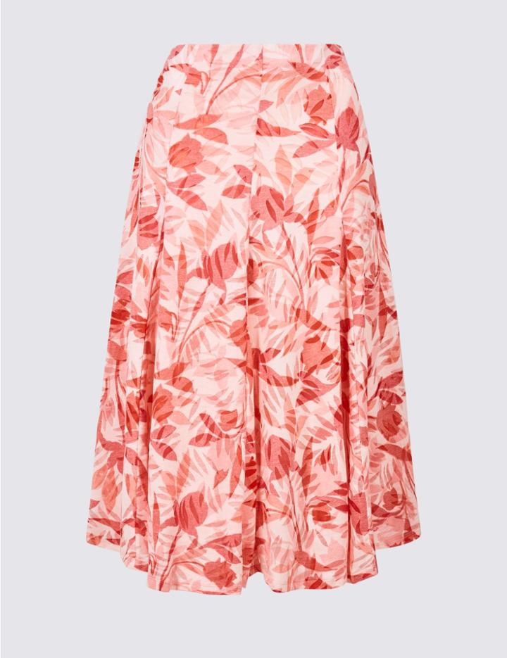 Marks & Spencer Cotton Blend Floral Print Full Midi Skirt Pink Mix