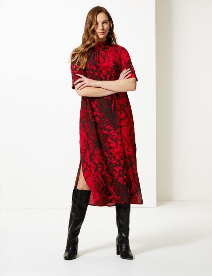 Marks & Spencer Animal Print Shift Midi Dress Red Mix