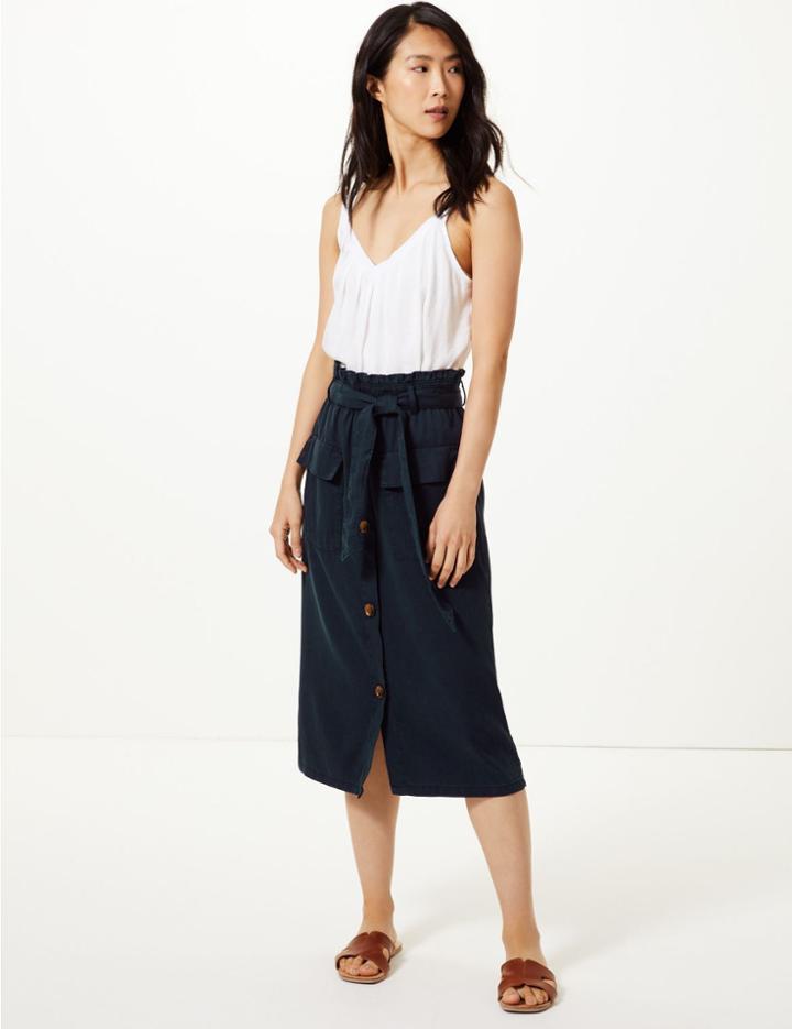 Marks & Spencer Midi A-line Skirt With Cotton Navy