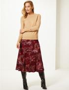 Marks & Spencer Floral Print Flocked A-line Midi Skirt Burgundy Mix