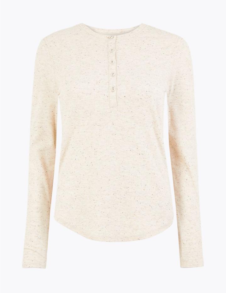 Marks & Spencer Textured Henley Long Sleeve Top Ivory Mix