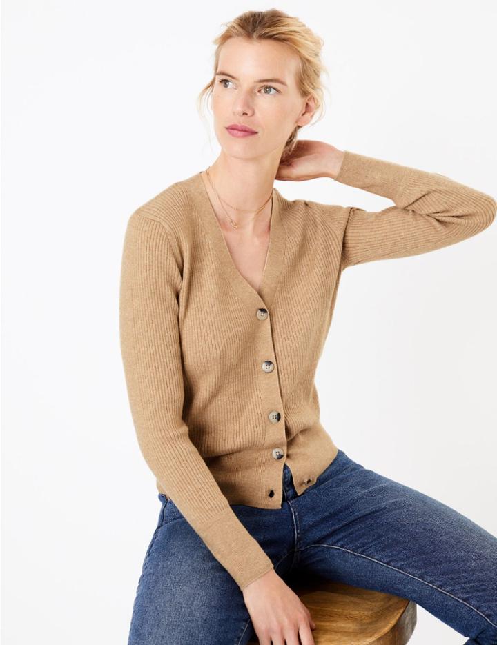 Marks & Spencer V Neck Ribbed Button Cardigan Camel