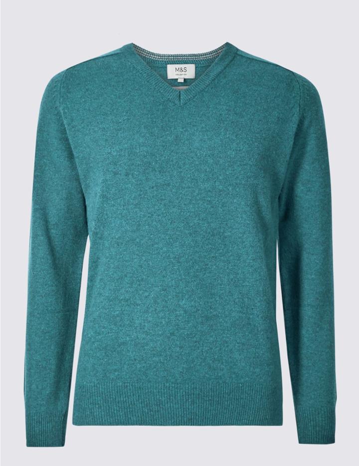 Marks & Spencer Pure Lambswool V-neck Jumper Teal Mix