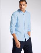 Marks & Spencer Pure Linen Easy Care Shirt With Pocket Blue