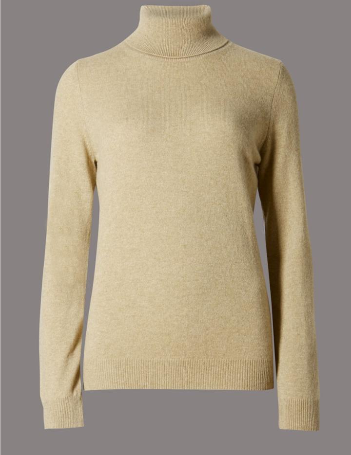 Marks & Spencer Pure Cashmere Polo Neck Jumper Dark Camel