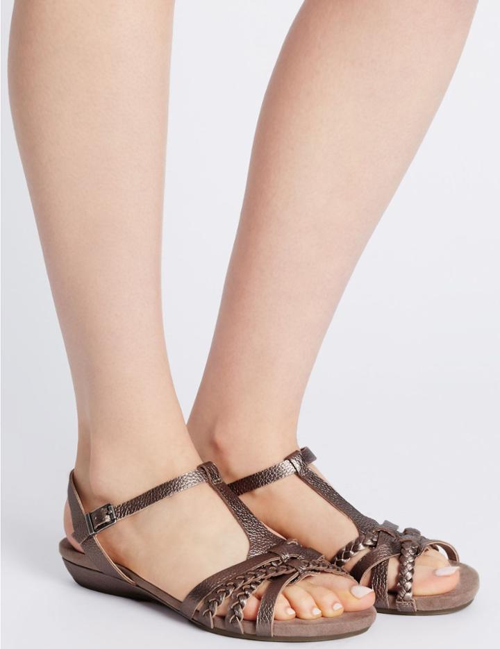 Marks & Spencer Wide Fit Leather Sandals With Footglove&trade; Pewter