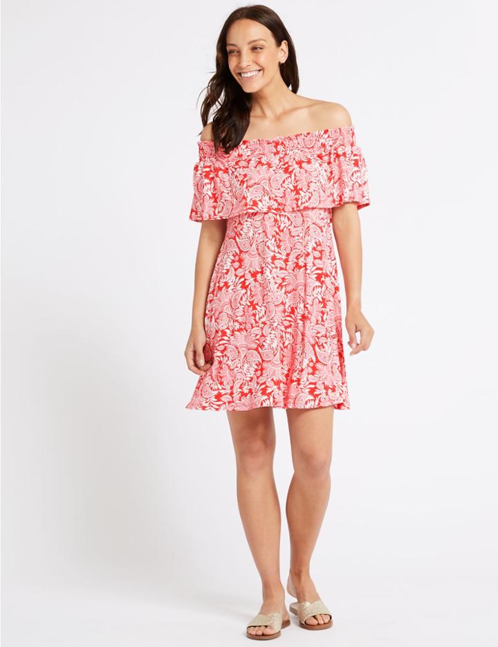 Marks & Spencer Paisley Print Smocked Bardot Dress Coral Mix