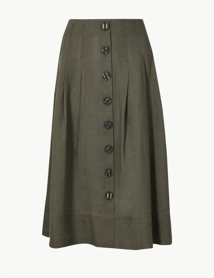 Marks & Spencer Button Detailed Fit & Flare Midi Skirt Khaki