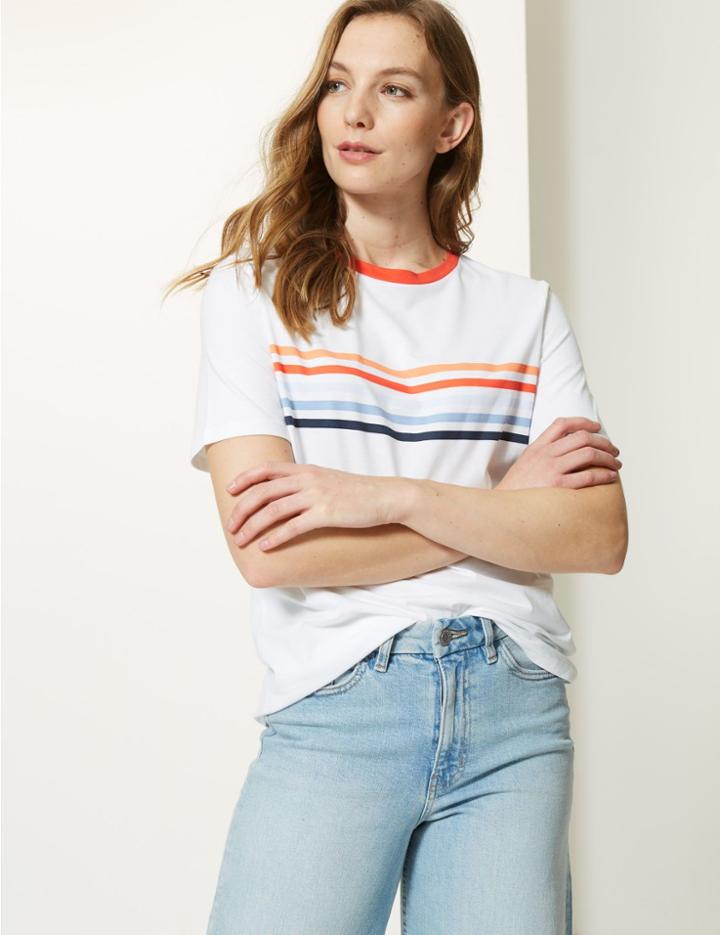 Marks & Spencer Pure Cotton Striped Straight Fit T-shirt Multi