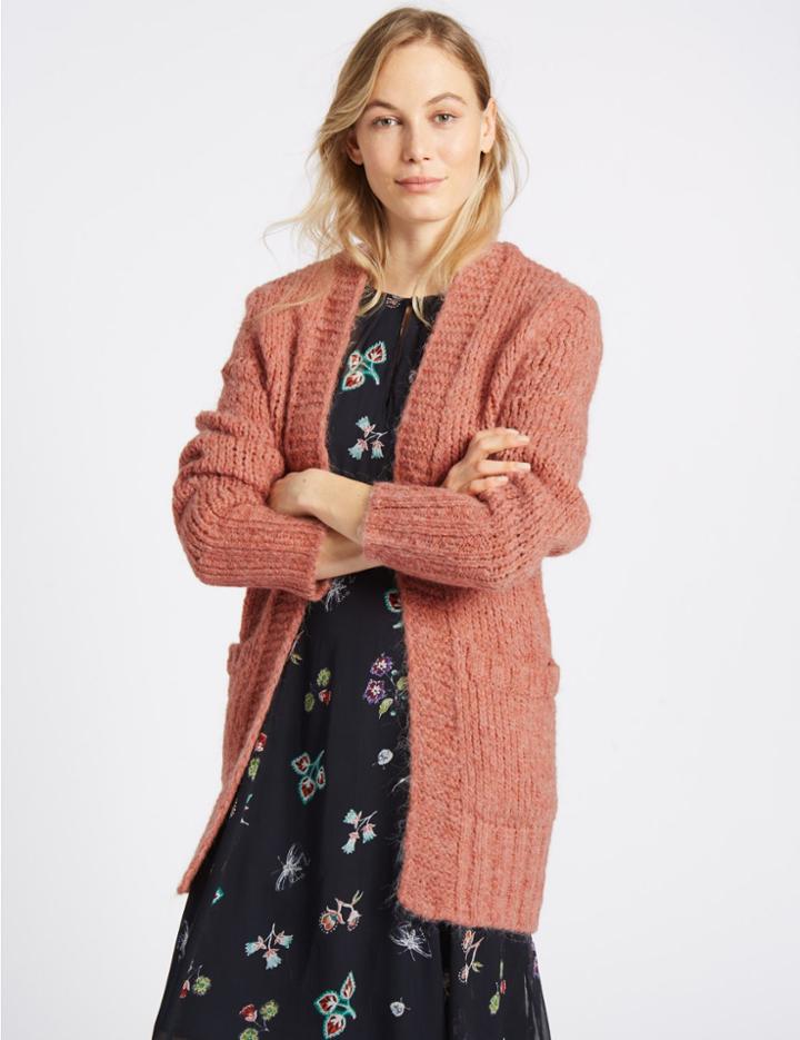 Marks & Spencer Textured Open Front Long Sleeve Cardigan Dusky Rose