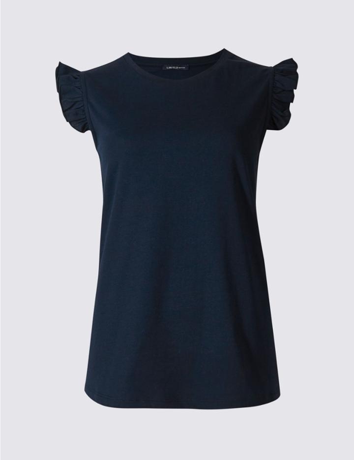 Marks & Spencer Pure Cotton Ruffle Trim T-shirt Navy Mix