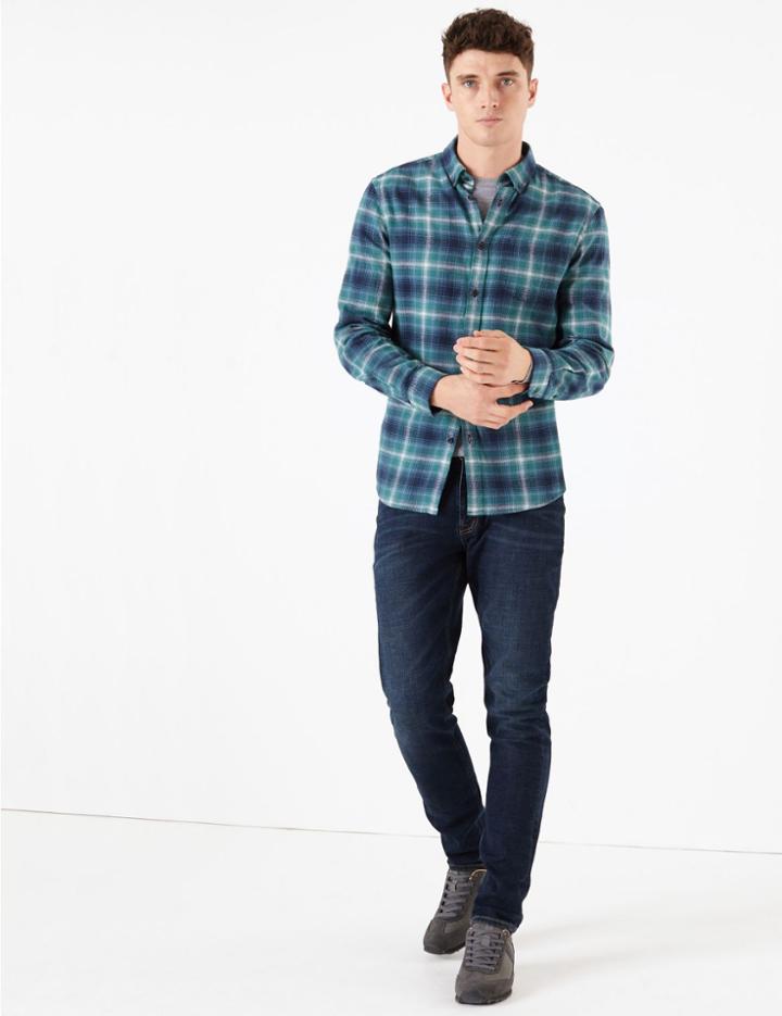 Marks & Spencer Brushed Cotton Check Flannel Shirt Teal