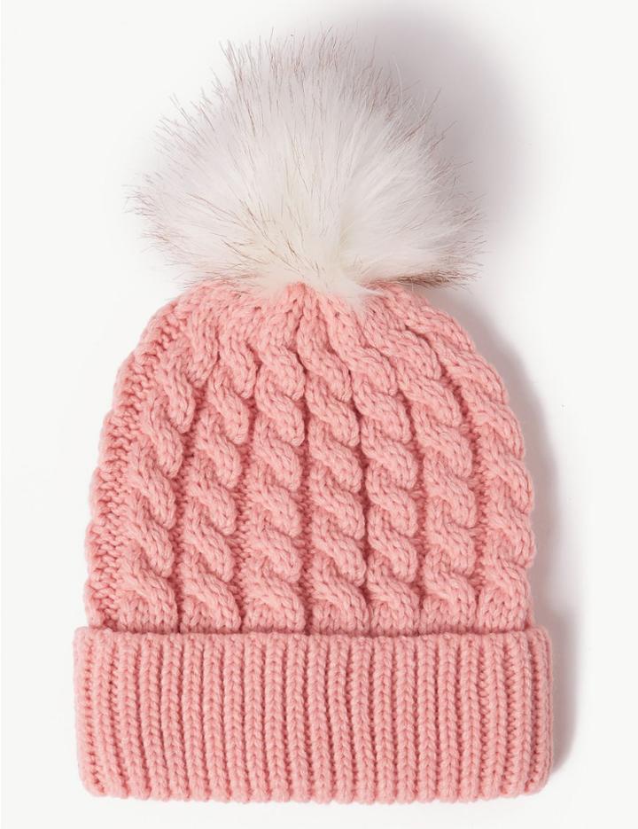 Marks & Spencer Faux Fur Bobble Beanie Hat Blush