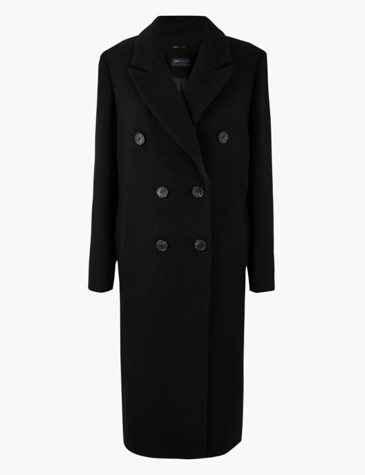 Marks & Spencer Wool Blend Double Breasted Overcoat Black