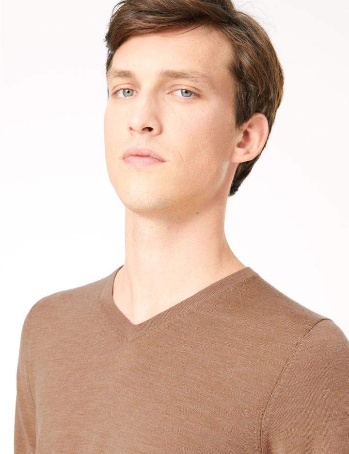 Marks & Spencer Extra Fine Merino V-neck Jumper Camel